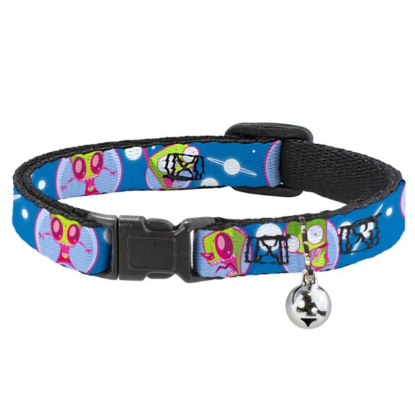 Breakaway Cat Collar with Bell - Invader Zim and GIR Poses and Planets Blue White For Sale