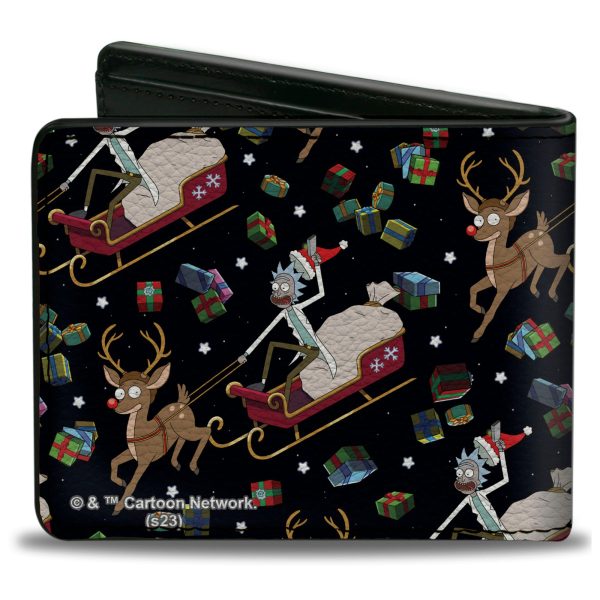 Bi-Fold Wallet - Rick and Morty Holiday Santa Rick Reindeer Sled Pose and Packages Collage Black Hot on Sale - Image 2
